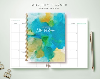 2024 Monthly Planner 7x9 / 12 Month Calendar / Choose Your Start Month / Abstract Watercolor Blue Green and Gold