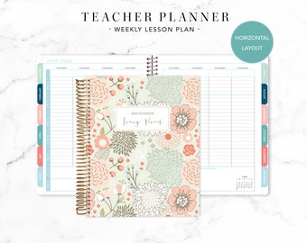 2024 2025 HORIZONTAL TEACHER PLANNER 7x9 2024-2025 teacher lesson plan weekly calendar / sage pink gold floral