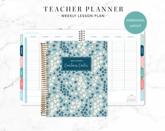 2024 2025 HORIZONTAL TEACHER PLANNER 7x9 2024-2025 teacher lesson plan weekly calendar / bright florals blue white