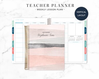 2024 2025 TEACHER PLANNER VERTICAL 7x9 2024-2025 teacher lesson plan weekly calendar / pink watercolor stripes