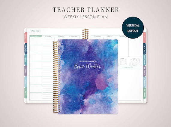 2026 2027 TEACHER PLANNER VERTICAL 7x9 2026-2027 teacher lesson plan weekly calendar / abstract watercolor blue and purple