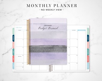 2024 monthly planner with TABS 7x9 / 12 month calendar / choose your start month / 2023-2024 month at a glance / lavender watercolor stripes
