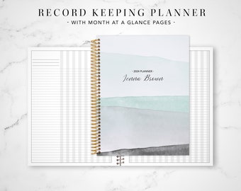 2024 2025 record keeping monthly planner for teachers / 12 month RECORD KEEPING PLANNER - no weekly pages / mint green watercolor stripes