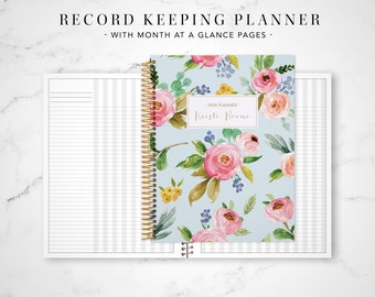 2024 2025 record keeping monthly planner for teachers / 12 month RECORD KEEPING PLANNER - no weekly pages / blue pink gold watercolor floral