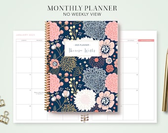 2027 monthly planner 7x9 / 12 month calendar / choose your start month / 2026-2027 month at a glance planner / navy pink gold floral