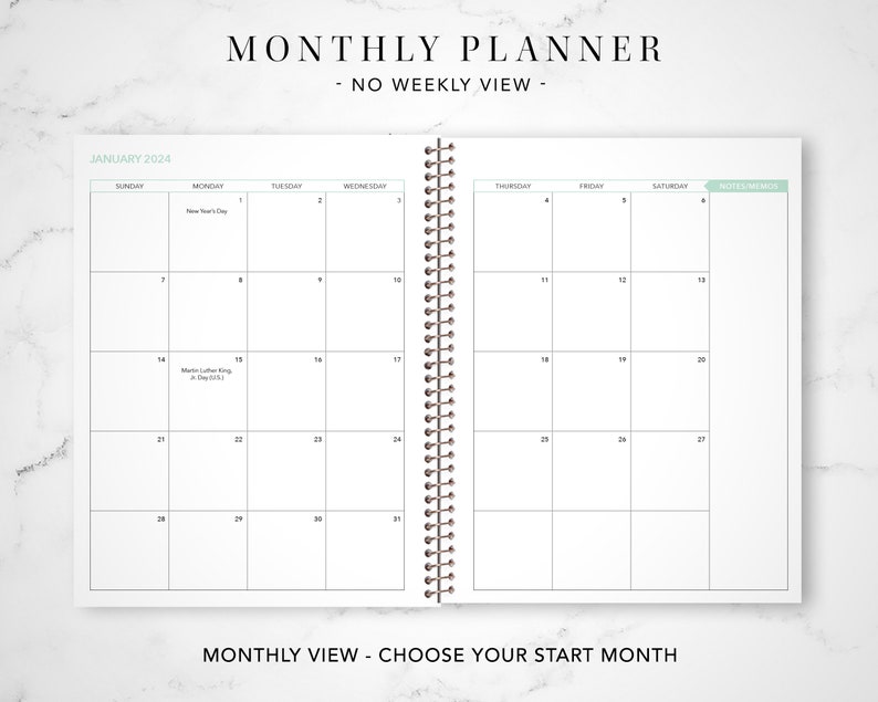 2024 monthly planner 7x9 / 12 month calendar / choose your start month / 2024-2025 month at a glance planner / navy pink gold floral image 2
