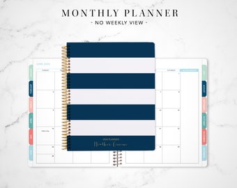 MONTHLY planner with TABS 7x9 / 12 month calendar / choose your start month / 2023-2024 month at a glance planner / navy gold stripes