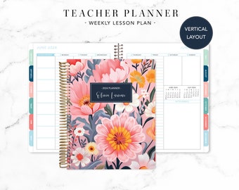 2025 2026 TEACHER PLANNER VERTICAL 7x9 2025-2026 teacher lesson plan weekly calendar / navy pink gold floral