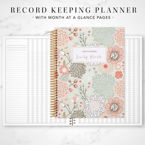 May include: A floral patterned planner with a gold spiral binding. The cover features a light green background with pink, white, and grey flowers. The text "2024 Planner" and "Emily Bronte" is printed on the cover.
