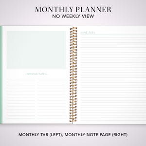 Puede incluir: Una agenda mensual con una secci&oacute;n con pesta&ntilde;as para cada mes del a&ntilde;o. La agenda tiene un fondo blanco con l&iacute;neas negras y una encuadernaci&oacute;n en espiral dorada. El texto "MONTHLY PLANNER NO WEEKLY VIEW" est&aacute; impreso en la parte superior de la p&aacute;gina. El texto "JUNE 2029" est&aacute; impreso en la parte superior de la p&aacute;gina derecha.