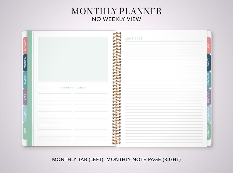Puede incluir: Una agenda mensual con una secci&oacute;n con pesta&ntilde;as para cada mes del a&ntilde;o. La agenda tiene un fondo blanco con l&iacute;neas negras y una encuadernaci&oacute;n en espiral dorada. El texto "MONTHLY PLANNER NO WEEKLY VIEW" est&aacute; impreso en la parte superior de la p&aacute;gina. El texto "JUNE 2029" est&aacute; impreso en la parte superior de la p&aacute;gina derecha.