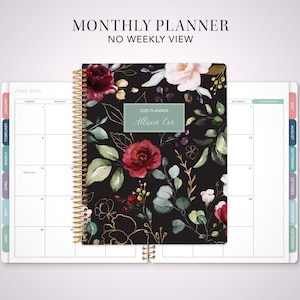 2026 monthly planner with TABS 7x9 / 12 month calendar month at a glance / black red watercolor roses