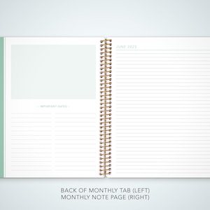 May include: A monthly planner with a tabbed divider for each month. The left page has a blank space for important dates and lined space for notes. The right page is a lined note page for June 2029.