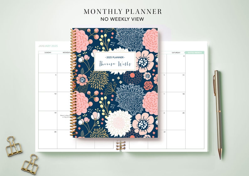 2024 Monthly Planner 7x9 / 12 Month Calendar / Choose Your Start Month / 2024-2025 Month at a Glance Planner / Navy Pink Gold Floral image 1