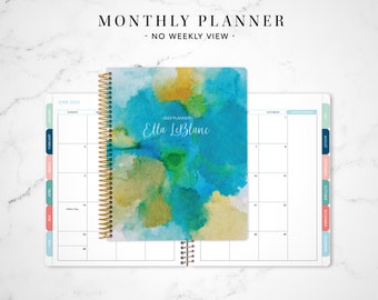 2024 monthly planner with TABS 7x9 / choose your start month / 2023-2024 month at a glance MAG / abstract watercolor blue green and gold