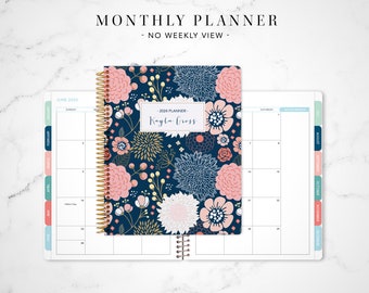 2024 monthly planner with TABS 7x9 / 12 month calendar / choose your start month / 2023 2024 month at a glance MAG / navy pink gold floral