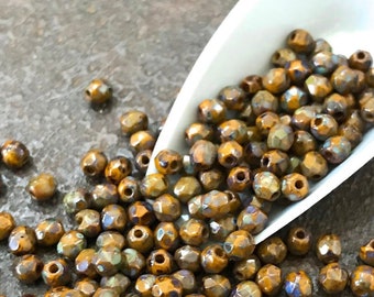 3mm Goldenrod Picasso Czech Glass Beads Fire Polish Faceted Round 50 pcs Premium Czech Beads Charm Obsession