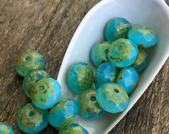 Perles Picasso opalite bleu aqua, Rondelles en verre tchèque, 8 x 6 mm, 10 perles, Grossiste bijoux, Perles tchèques de qualité supérieure, Perles de plage