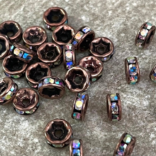 6mm AB Rhinestone Crystal Antique Copper Rondelle, 10 Piece Rhinestone Spacers, Vintage Style, Jewelry Supplies