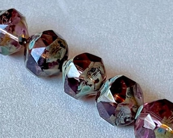 Perles de verre tchèque améthyste Picasso, perle baroque coupée au centre 8 mm, 15 perles, accessoires pour bijoux, perles bohèmes, fournitures pour bijoux en gros
