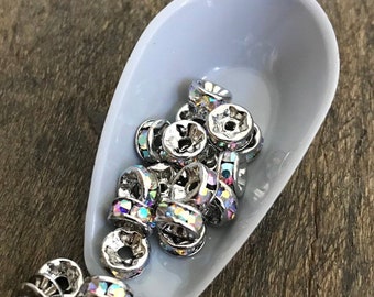 Rondelle en argent 8 mm avec strass, 10 pièces d'espacement en strass, fournitures de bijoux en gros, entretoises en strass, fournitures de perles, entretoises en argent