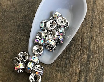 Rondelle d'argent AB strass 6 mm, 10 pièces d'espacement en strass, fournitures de bijoux en gros