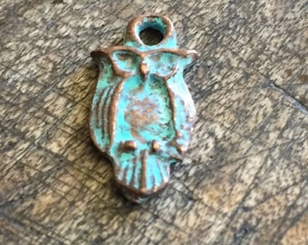 Mykonos Owl Charm Green Patina Copper Greek Casting - bird charms - 2 pieces Wholesale Jewelry Supplies Owl Pendant Bird Pendant