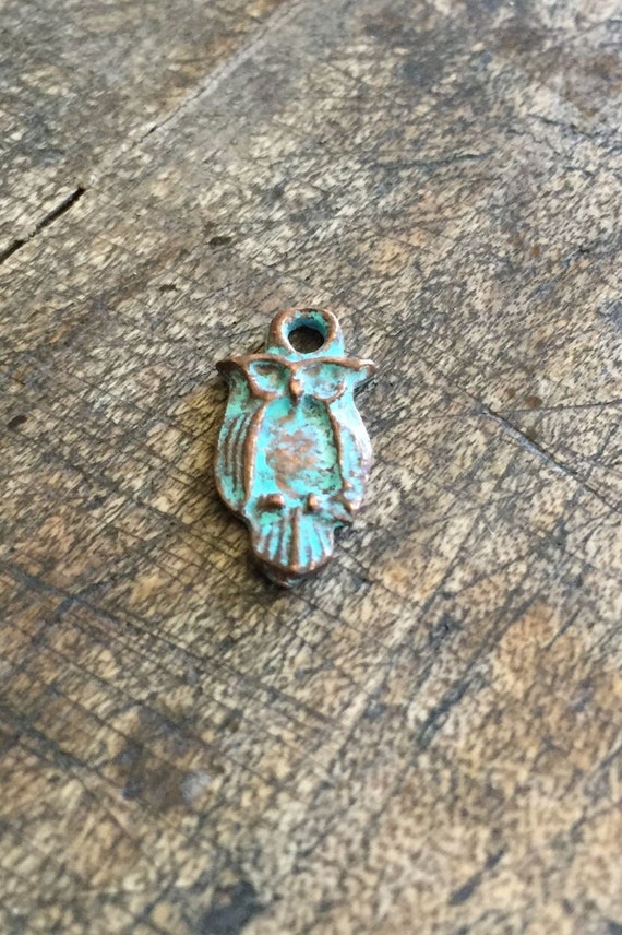 Mykonos Owl Charm Green Patina Copper Greek Casting Bird Charms