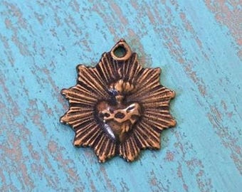 Sacred Heart Charm Pendant, Antiqued Bronze - Religious Medals, Jewelry Supplies, Wholesale Charms