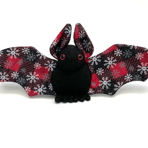 Small black bat with snowflakes and plaid print soft stuffed plush kids toy animal handmade- made to order
