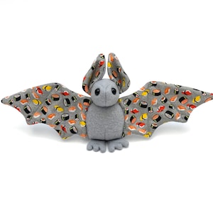 Small grey bat with sushi print soft stuffed plush kids toy animal handmade- made to order