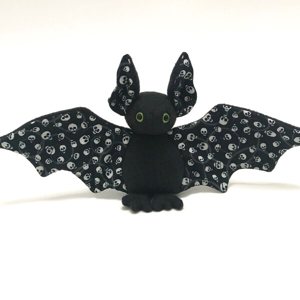 Small black bat with glow in the dark white skull print soft stuffed plush kids toy animal handmade- made to order