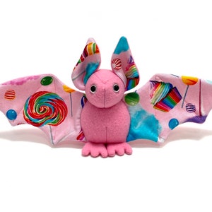 Small pink bat with candy dessert print soft stuffed plush kids toy animal handmade- made to order