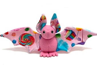 Small pink bat with candy dessert print soft stuffed plush kids toy animal handmade- made to order