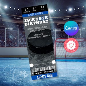 May include: A blue and black hockey ticket invitation for Jack's 5th birthday party. The ticket has a hockey puck graphic and the text "You're Invited", "Jack's 5th Birthday", "Saturday | October 15, 2024", "Puck Drop at 4:00PM", "Jack's House", "123 Anywhere Street, Anywhere", "RSVP by Oct. 1 to 542.123.4576", and "Admit One".