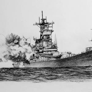 USS Iowa  signed limited edition giclee print of the pen and ink