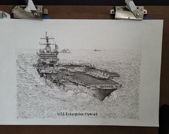 Hand drawn Pen and Ink of Navy Ship