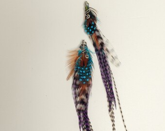 feather earrings - wire wrapped natural bundle earrings, festival boho short feathers