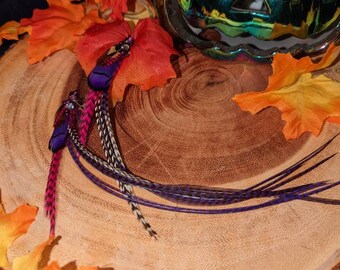 Feather Earrings- Wire wraped bright bunch earrings, festival statement piece, natural grizzly feathers