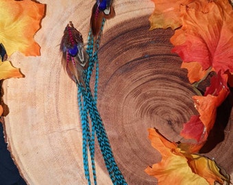 Feather Earrings- long wire wraped bundle,blue, festival, extra long, grizzly rooster