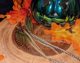 Feather earrings- Extra long green wire wrapped grizzly feather statement piece