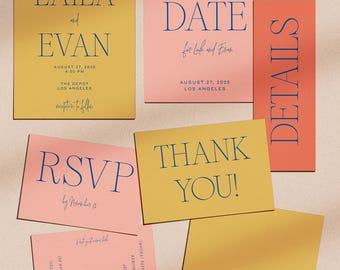 Editorial style Wedding Invitation Template. Colorful classic Minimalist Design. Simple unique retro Elegant yellow and pink, summer wedding