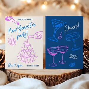 New Year's Eve Party Invitation Template, Retro Doodle NYE Card, Hand drawn whimsical vintage Cheers card, champagne illustration, Holiday