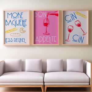 Proost Cin Cin Art-bundel van 3 | MCM & Art Deco Keukengalerij Wanddecoratie, barwagenstijl, Bon Appétit-kunstprints