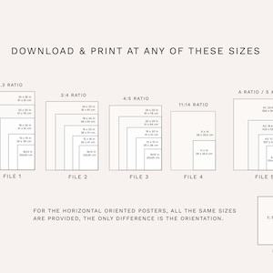 May include: A beige graphic with text indicating various print sizes, including 2:3, 3:4, 4:5, 11:14, and A ratio/5x7. The text reads "DOWNLOAD & PRINT AT ANY OF THESE SIZES". File sizes are also listed. A 1:1 square option is also shown.