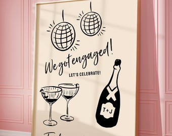 Mid Century Modern Engagement party welcome Sign Template. Bright bold Retro Palm Springs Cocktail Hand drawn doodle, engagement party sign