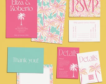 Tropical Wedding Invitation Template | Destination Island Wedding Suite | Bright Palm Tree & Aloha Design | Instant Download Editable Invite