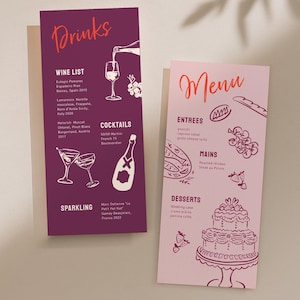 Puede incluir: Dos tarjetas de menú plegadas. Una es morada con una lista de vinos y opciones de cócteles. La otra es rosa con selecciones de entrantes, platos principales y postres. Ambas tarjetas tienen ilustraciones y texto escrito a mano.