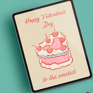 Valentinstag druckbare digitale Karte, Vintage Retro Riso Karte, Herz Kuchen Karten, Galentines Karte, digitaler Download, trendy, von Hand gezeichnet