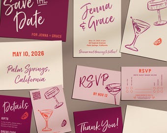May include: A collection of wedding stationery in shades of pink and white. Includes save-the-date cards, invitations, RSVP cards, and thank you notes. The invitations feature the names "Jenna & Grace" and the date and location of the wedding.